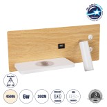 GloboStar® PALADIN 61359 Μοντέρνο Φωτιστικό Τοίχου - Απλίκα Ξενοδοχείου Bed Side LED 6W 720lm 36° AC 220-240V - Reading Light & Κρυφός Φωτισμός - Φορτιστές USB 3A & Wireless 20W - Μ30 x Π11 x Υ12cm - Φυσικό Λευκό 4500K - Ξύλο & Λευκό - Αριστερό