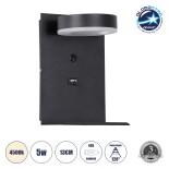 GloboStar® CROWN 61370 Μοντέρνο Φωτιστικό Τοίχου - Απλίκα Ξενοδοχείου Bed Side LED 5W 550lm 120° AC 220-240V - Reading Light - Φορτιστής USB 3A - Μ15 x Π15 x Υ23cm - Φυσικό Λευκό 4500K - Μαύρο