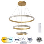 GLOBOSTAR® DIAMOND TRIO 61137 Μοντέρνο Κρεμαστό Φωτιστικό Οροφής LED 100W 12123lm 360° AC 220-240V IP20 Ρυθμιζόμενο Λευκό CCT με Χειριστήριο από 2700K έως 6000K Dimmable - Lumileds SMD Chip - Χρυσό Βούρτσας - Μ60 x Π60 x Υ60cm - 3 Χρόνια Εγγύηση