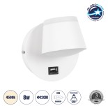 GloboStar® REGENCY 61374 Μοντέρνο Φωτιστικό Τοίχου - Απλίκα Ξενοδοχείου Bed Side LED 8W 920lm 120° AC 220-240V - Reading Up/Down Light - Φορτιστής USB 3A - Μ12 x Π12 x Υ13cm - Φυσικό Λευκό 4500K - Λευκό