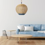 GloboStar® SIMON 00727 Boho Κρεμαστό Φωτιστικό Μπάλα Μονόφωτο 1 x E27 IP20 Μπεζ & Μπλε Σχοινί - Μ50 x Π50 x Y47cm