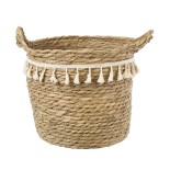 GloboStar® Artificial Garden SANTORINI 20286 Διακοσμητικό Πλεκτό Καλάθι - Κασπώ Γλάστρα - Flower Pot Μπεζ με Μακραμέ Φ31cm x Υ29cm 