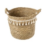 GloboStar® Artificial Garden SANTORINI 20286 Διακοσμητικό Πλεκτό Καλάθι - Κασπώ Γλάστρα - Flower Pot Μπεζ με Μακραμέ Φ31cm x Υ29cm 