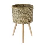 GloboStar® Artificial Garden SKOPELOS 20297 Διακοσμητικό Πλεκτό Καλάθι - Κασπώ Γλάστρα - Flower Pot Μπεζ με Καφέ Φ26cm x Υ44cm 