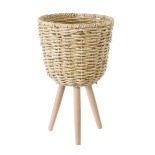 GloboStar® Artificial Garden LIMNOS 20299 Διακοσμητικό Πλεκτό Καλάθι - Κασπώ Γλάστρα - Flower Pot Μπεζ Φ26cm x Υ42cm 