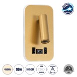GloboStar® LADY-O 61366 Μοντέρνο Φωτιστικό Τοίχου - Απλίκα Ξενοδοχείου Bed Side LED 10W 1000lm 36° & 360° AC 220-240V - Reading Light & Κρυφός Φωτισμός - Φορτιστής USB 3A - Μ10.5 x Π10 x Υ18.5cm - Φυσικό Λευκό 4500K - Χρυσό Βούρτσας - 3 Χρόνια Εγγύηση