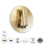 GloboStar® LADY-R 60940 Μοντέρνο Φωτιστικό Τοίχου - Απλίκα Ξενοδοχείου Bed Side LED 6W 600lm 36° & 360° AC 220-240V - Reading Light & Κρυφός Φωτισμός - Φορτιστής USB 3A - Φ15 x Υ7cm - Φυσικό Λευκό 4500K - Χρυσό Πλατίνα - 3 Χρόνια Εγγύηση