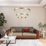 GloboStar® NEMESIS TRIO 61172 Κρεμαστό Φωτιστικό Δαχτυλίδι-Κύκλος LED CCT 120W 14723lm 360° AC 220-240V - Εναλλαγή Φωτισμού μέσω Τηλεχειριστηρίου All In One Ψυχρό 6000k+Φυσικό 4500k+Θερμό 2700k Dimmable Φ40+60+80cm - Χρυσό Βούρτσας - 3 Years Warranty
