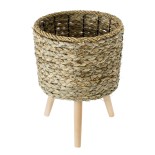 GloboStar® Artificial Garden SKOPELOS 20296 Διακοσμητικό Πλεκτό Καλάθι - Κασπώ Γλάστρα - Flower Pot Μπεζ με Καφέ Φ26cm x Υ36cm 
