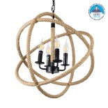 GloboStar® VITRUVIAN 01141 Vintage Κρεμαστό Φωτιστικό Σχοινί Πολύφωτο 4 x E14 IP20 Μαύρο Μέταλλο με Μπεζ Σχοινί - Μ53 x Π53 x Υ53cm