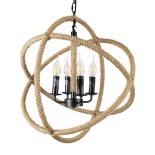 GloboStar® VITRUVIAN 01141 Vintage Κρεμαστό Φωτιστικό Σχοινί Πολύφωτο 4 x E14 IP20 Μαύρο Μέταλλο με Μπεζ Σχοινί - Μ53 x Π53 x Υ53cm