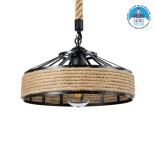 GloboStar® SAHARA 01146 Vintage Κρεμαστό Φωτιστικό Καμπάνα Μονόφωτο 1 x E27 IP20 Μαύρο Μέταλλο με Μπεζ Σχοινί - Μ31 x Π31 x Υ14cm