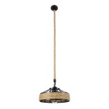 GloboStar® SAHARA 01146 Vintage Κρεμαστό Φωτιστικό Καμπάνα Μονόφωτο 1 x E27 IP20 Μαύρο Μέταλλο με Μπεζ Σχοινί - Μ31 x Π31 x Υ14cm