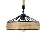 GloboStar® SAHARA 01146 Vintage Κρεμαστό Φωτιστικό Καμπάνα Μονόφωτο 1 x E27 IP20 Μαύρο Μέταλλο με Μπεζ Σχοινί - Μ31 x Π31 x Υ14cm