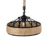 GloboStar® SAHARA 01146 Vintage Κρεμαστό Φωτιστικό Καμπάνα Μονόφωτο 1 x E27 IP20 Μαύρο Μέταλλο με Μπεζ Σχοινί - Μ31 x Π31 x Υ14cm