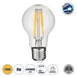 GloboStar® 99007 Λάμπα LED Long Filament E27 A60 Γλόμπος 8W 800lm 360° AC 220-240V IP20 Φ6 x Υ10.5cm Θερμό Λευκό 2700K με Διάφανο Γυαλί - Dimmable - 3 Years Warranty