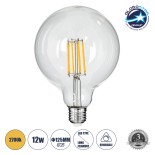 GloboStar® 99014 Λάμπα LED Long Filament E27 G125 Γλόμπος 12W 1200lm 360° AC 220-240V IP20 Φ12.5 x Υ18cm Θερμό Λευκό 2700K με Διάφανο Γυαλί - Dimmable - 3 Years Warranty