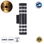 GloboStar® ORION 77883 Φωτιστικό Τοίχου - Απλίκα Αρχιτεκτονικού Φωτισμού Εσωτερικού/Εξωτερικού Χώρου Up & Down Δίφωτο 2 x GU10 AC220-240V Αδιάβροχο IP65 - Σώμα Αλουμινίου & Tempered Glass - Μ9 x Π15x Υ35.5cm - Μαύρο - 5 Years Warranty