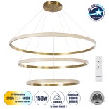 GloboStar® DIAMOND TRIO 61141 Κρεμαστό Φωτιστικό Δαχτυλίδι-Κύκλος LED CCT 150W 18379lm 360° AC 220-240V - Εναλλαγή Φωτισμού μέσω Τηλεχειριστηρίου All In One Ψυχρό 6000k+Φυσικό 4500k+Θερμό 2700k Dimmable Φ60+80+100cm - Χρυσό Βούρτσας - 3 Years Warranty