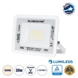 GloboStar® ATLAS 61414 Επαγγελματικός Προβολέας LED 30W 3600lm 120° AC 220-240V - Αδιάβροχος IP67 - Μ16 x Π2.5 x Υ12.5cm - Λευκό - Φυσικό Λευκό 4500K - LUMILEDS Chips - TÜV Rheinland Certified - 5 Years Warranty