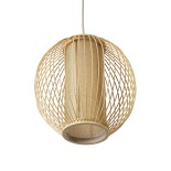 GloboStar® HIBISCUS 01934 Boho Κρεμαστό Φωτιστικό Μπάλα Μονόφωτο 1 x E27 IP20 Μπεζ Ρατάν με Μπεζ Ξύλο - Μ28 x Π28 x Υ28cm