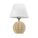 GloboStar® HASUMI 01957 Boho Επιτραπέζιο Φωτιστικό Πορτατίφ Μονόφωτο 1 x E27 AC220-240V IP20 - Φ19 x Υ30cm - Μπεζ Ξύλινο Ρατάν Πλέγμα με Λευκό Καπέλο