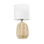 GloboStar® HASUMI 01958 Boho Επιτραπέζιο Φωτιστικό Πορτατίφ Μονόφωτο 1 x E27 AC220-240V IP20 - Φ18 x Υ36cm - Μπεζ Ξύλινο Ρατάν Πλέγμα με Λευκό Καπέλο
