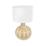 GloboStar® SHIZUMI 01959 Boho Επιτραπέζιο Φωτιστικό Πορτατίφ Μονόφωτο 1 x E27 AC220-240V IP20 - Φ30 x Υ50cm - Μπεζ Ξύλινο Πλέγμα με Λευκό Καπέλο - 5 Χρόνια Εγγύηση