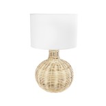 GloboStar® SHIZUMI 01959 Boho Επιτραπέζιο Φωτιστικό Πορτατίφ Μονόφωτο 1 x E27 AC220-240V IP20 - Φ30 x Υ50cm - Μπεζ Ξύλινο Πλέγμα με Λευκό Καπέλο - 5 Χρόνια Εγγύηση