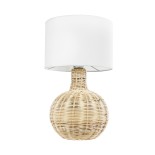 GloboStar® SHIZUMI 01959 Boho Επιτραπέζιο Φωτιστικό Πορτατίφ Μονόφωτο 1 x E27 AC220-240V IP20 - Φ30 x Υ50cm - Μπεζ Ξύλινο Πλέγμα με Λευκό Καπέλο - 5 Χρόνια Εγγύηση