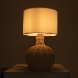 GloboStar® SHIZUMI 01959 Boho Επιτραπέζιο Φωτιστικό Πορτατίφ Μονόφωτο 1 x E27 AC220-240V IP20 - Φ30 x Υ50cm - Μπεζ Ξύλινο Πλέγμα με Λευκό Καπέλο - 5 Χρόνια Εγγύηση