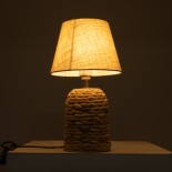GloboStar® HOLOKAI 01960 Boho Επιτραπέζιο Φωτιστικό Πορτατίφ Μονόφωτο 1 x E27 IP20 Καφέ Raffia με Μπεζ Ύφασμα - Μ23 x Π23 x Υ40cm