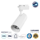 GloboStar® LUGANO 60812 Μονοφασικό Φωτιστικό Σποτ Ράγας LED 30W 3900lm 36° Acrylic HQ LENS AC 220-240V IP20 Φ7.5 x Υ22.7cm Ψυχρό Λευκό 6000K -  EUROTRACK® System 1L+1N - Λευκό - Bridgelux Chip - TÜV Certified Driver - 5 Χρόνια Εγγύηση
