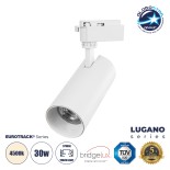 GloboStar® LUGANO 60813 Μονοφασικό Φωτιστικό Σποτ Ράγας LED 30W 3750lm 36° Acrylic HQ LENS AC 220-240V IP20 Φ7.5 x Υ22.7cm Φυσικό Λευκό 4500K -  EUROTRACK® System 1L+1N - Λευκό - Bridgelux Chip - TÜV Certified Driver - 5 Χρόνια Εγγύηση