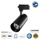 GloboStar® LUGANO 60816 Μονοφασικό Φωτιστικό Σποτ Ράγας LED 30W 3750lm 36° Acrylic HQ LENS AC 220-240V IP20 Φ7.5 x Υ22.7cm Φυσικό Λευκό 4500K -  EUROTRACK® System 1L+1N - Μαύρο - Bridgelux Chip - TÜV Certified Driver - 5 Χρόνια Εγγύηση