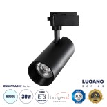 GloboStar® LUGANO 60815 Μονοφασικό Φωτιστικό Σποτ Ράγας LED 30W 3900lm 36° Acrylic HQ LENS AC 220-240V IP20 Φ7.5 x Υ22.7cm Ψυχρό Λευκό 6000K -  EUROTRACK® System 1L+1N - Μαύρο - Bridgelux Chip - TÜV Certified Driver - 5 Χρόνια Εγγύηση