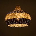 GloboStar® BARBADOS 01946 Boho Κρεμαστό Φωτιστικό Καμπάνα Μονόφωτο 1 x E27 IP20 Μπεζ & Λαδί Ξύλο - Μ40 x Π40 x Υ34cm