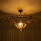 GloboStar® PALERMO 02153 Boho Φωτιστικό Οροφής Πλέγμα Μονόφωτο 1 x E27 IP20 Μπεζ Ξύλο - Μ100 x Π100 x Υ55cm