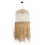 GloboStar® BASSETERRE 02163 Boho Κρεμαστό Φωτιστικό Καμπάνα Μονόφωτο 1 x E27 IP20 Μπεζ Ξύλο με Καφέ Raffia - Μ70 x Π70 x Υ170cm