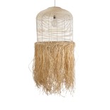 GloboStar® BASSETERRE 02163 Boho Κρεμαστό Φωτιστικό Καμπάνα Μονόφωτο 1 x E27 IP20 Μπεζ Ξύλο με Καφέ Raffia - Μ70 x Π70 x Υ170cm