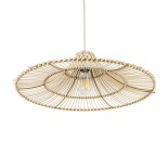 GloboStar® PALERMO 02208 Boho Κρεμαστό Φωτιστικό Καμπάνα Μονόφωτο 1 x E27 IP20 Μπεζ Ρατάν - Μ60 x Π60 x Υ20cm