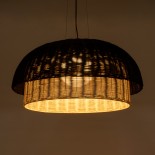 GloboStar® CORSICA 02216 Boho Κρεμαστό Φωτιστικό Καμπάνα Μονόφωτο 1 x E27 IP20 Μαύρο & Μπεζ Ξύλο - Μ70 x Π70 x Υ35cm