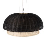 GloboStar® CORSICA 02216 Boho Κρεμαστό Φωτιστικό Καμπάνα Μονόφωτο 1 x E27 IP20 Μαύρο & Μπεζ Ξύλο - Μ70 x Π70 x Υ35cm