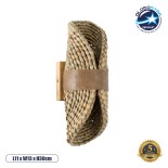 GloboStar® GUAVA 02222 Boho Φωτιστικό Τοίχου - Απλίκα Δίφωτο 2 x G9 AC220-240V IP20 - Μ11 x Π13 x Υ30cm - Σκούρο Μπεζ Ξύλινο Μπαμπού Πλέγμα με Μπεζ Δέρμα - 5 Χρόνια Εγγύηση