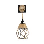 GloboStar® BELLARIVA 01961 Boho Φωτιστικό Τοίχου - Απλίκα Μονόφωτο 1 x E27 AC 220-240V IP20 - Μ10 x Π30 x Υ43cm - Μαύρο Μεταλλικό με Ξύλο και Μπεζ Σχοινί Πλεγμα - 5 Χρόνια Εγγύηση
