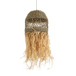 GloboStar® SAINTLUCIA 02160 Boho Κρεμαστό Φωτιστικό Καμπάνα Μονόφωτο 1 x E27 IP20 Μπεζ & Καφέ Raffia - Μ30 x Π30 x Υ90cm