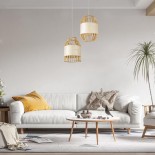 GloboStar® GALIA 02220 Boho Κρεμαστό Φωτιστικό Πλέγμα Μονόφωτο 1 x E27 IP20 Μπεζ & Καφέ Ξύλο - Μ30 x Π30 x Υ40cm