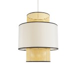 GloboStar® SAIGE 01917 Boho Κρεμαστό Φωτιστικό Καπέλο Μονόφωτο 1 x E27 IP20 Μπεζ Ρατάν με Μπεζ & Μαύρο Ύφασμα - Μ50 x Π50 x Υ60cm