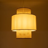 GloboStar® SAIGE 01917 Boho Κρεμαστό Φωτιστικό Καπέλο Μονόφωτο 1 x E27 IP20 Μπεζ Ρατάν με Μπεζ & Μαύρο Ύφασμα - Μ50 x Π50 x Υ60cm