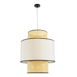 GloboStar® SAIGE 01917 Boho Κρεμαστό Φωτιστικό Καπέλο Μονόφωτο 1 x E27 IP20 Μπεζ Ρατάν με Μπεζ & Μαύρο Ύφασμα - Μ50 x Π50 x Υ60cm